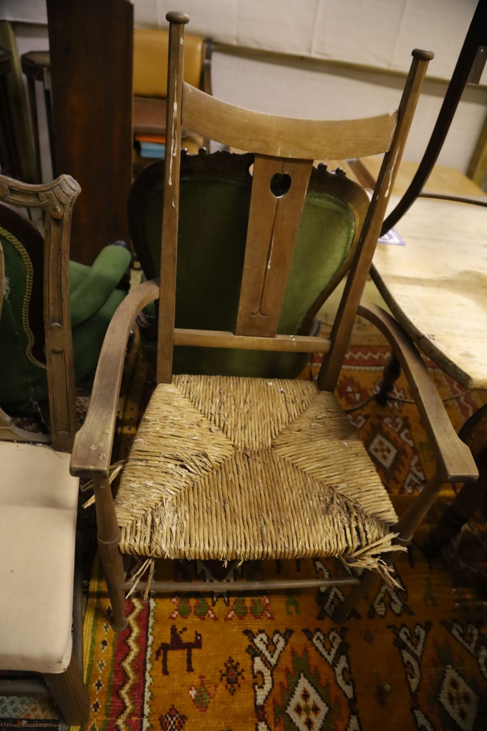 A Regency simulated bamboo elbow chair, George III provincial elbow chair and 3 others